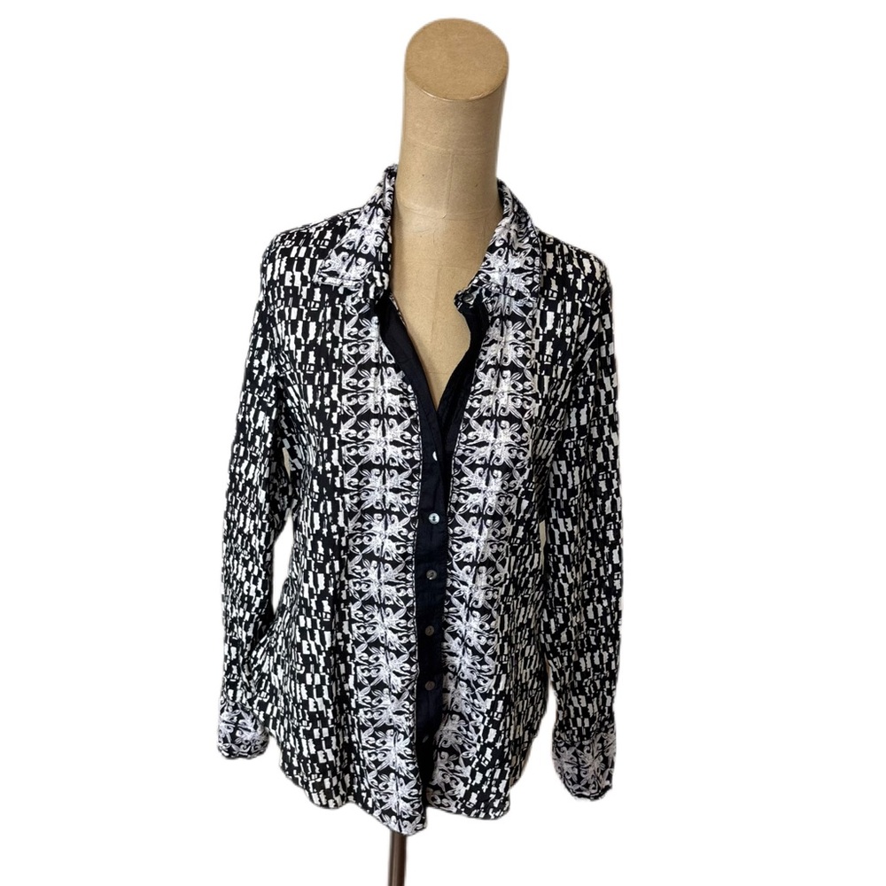 Cino Women’s Black & White Cotton Button Down Shirt Blouse Size Medium